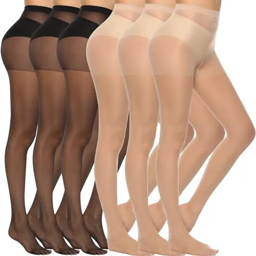 20D Silky Control-Top Pantyhose, 6 Pairs, Black + Nude