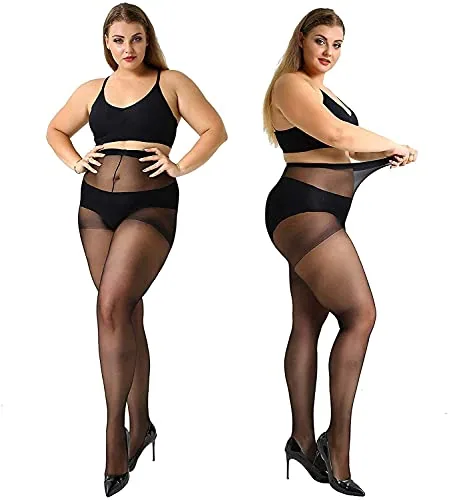 Plus-Size 20D Sheer Pantyhose, 4 Pairs, Black