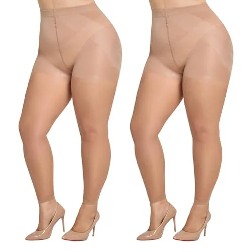 Plus-Size 30D Footless Tights, 2 Pairs, Natural Nude