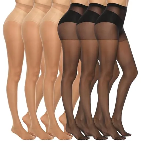 20D Silky Control-Top Pantyhose, 6 Pairs, Black + Natural