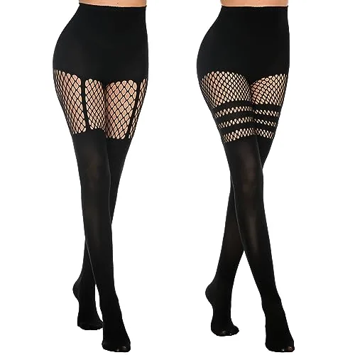 80D High-Waist Fishnet Thigh Highs, 1 Suspender + 1 Striped