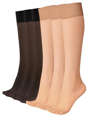 15D Knee Highs, 6 Pairs, Black + Natural