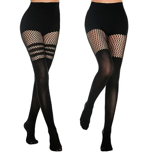80D High-Waist Fishnet Thigh Highs, 1 Striped + 1 Grid