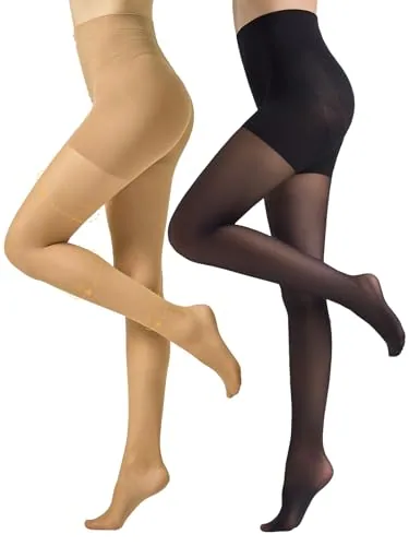 30D Control-Top Support Pantyhose, Natural Nude + Black