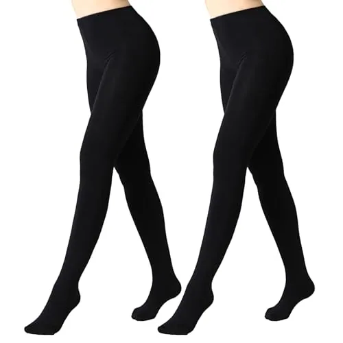 400D Control-Top Fleece-Lined Tights, 2 Pairs, Black