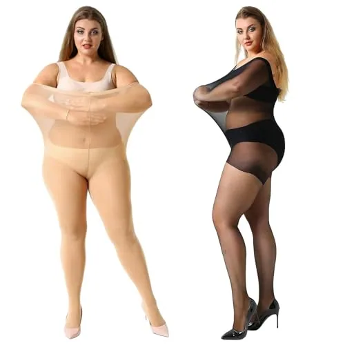 Plus-Size Control-Top Pantyhose, 2 Pairs V, Black, Natural Nude