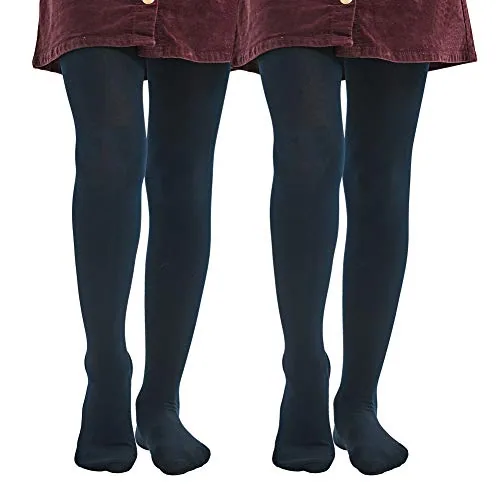400D Girls' Fleece-Lined Tights, 2 Pairs, Navy