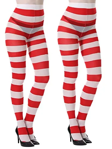 Striped Tights, 2 Pairs II, White Red Stripe