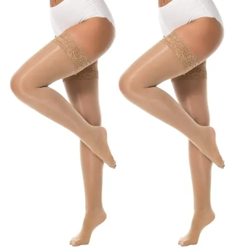 Ultra-Sheer Control-Top Lace-Top Thigh Highs, 2 Pairs, Natural