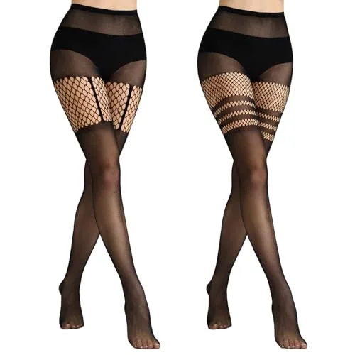 Semi-Opaque Fishnet Thigh Highs, Suspender / Striped