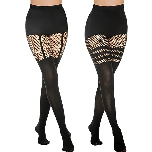 Fishnet Thigh Highs, 2 Pairs, Black-suspender / Striped