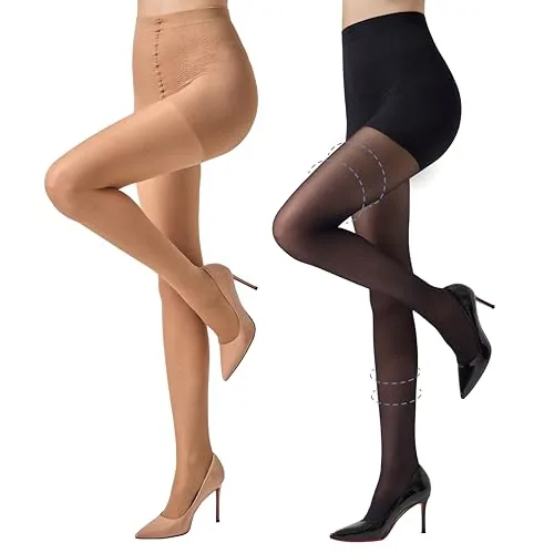 30D Control-Top Support Pantyhose, 2 Pairs II, Black + Natural Nude