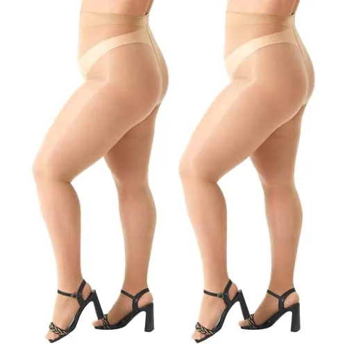 Plus-Size High-Waist Shimmer Tights, 2 Pairs, Natural