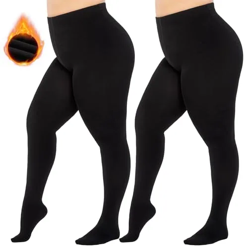 Plus-Size 400D Fleece-Lined Tights, 2 Pairs, Black