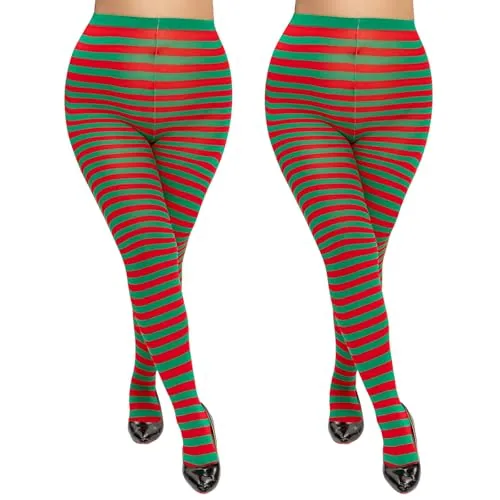 Plus-Size 40D Striped Tights, 2 Pairs, Red + Green