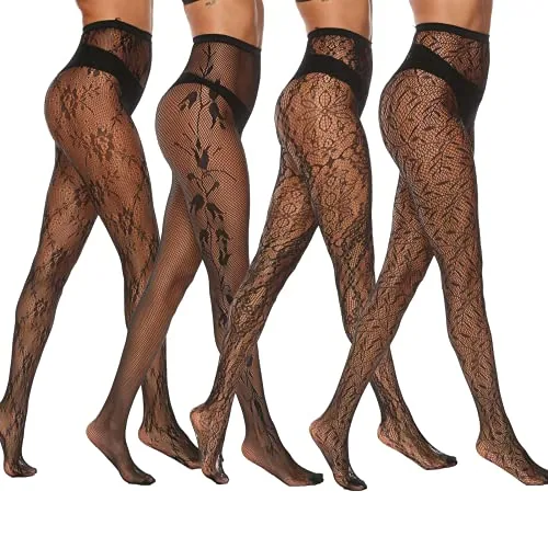Fishnet Tights, 4 Pairs II, Flower&leaf, , Black