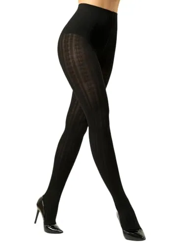 High-Waist Cable-Knit Tights, Black