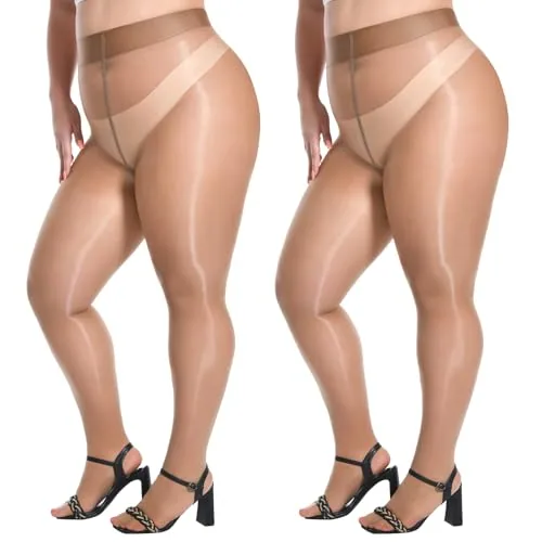 Plus-Size High-Waist Shimmer Tights, 2 Pairs, Brown