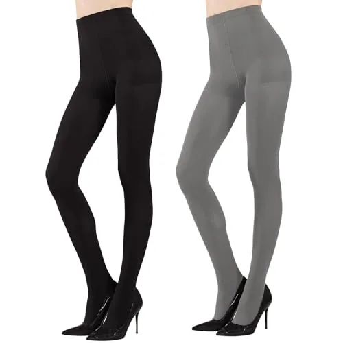 70D Control-Top Microfiber Tights, 2 Pairs, Black / Steel