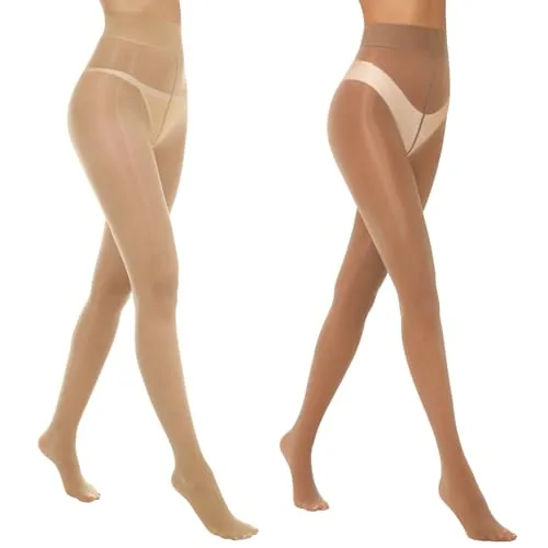 High-Waist Shimmer Tights, 2 Pairs, Natural And Brown