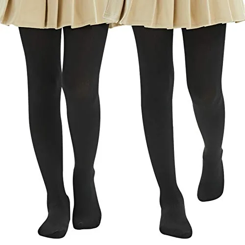 400D High-Waist Girls' Fleece-Lined Tights, 2 Pairs, Black