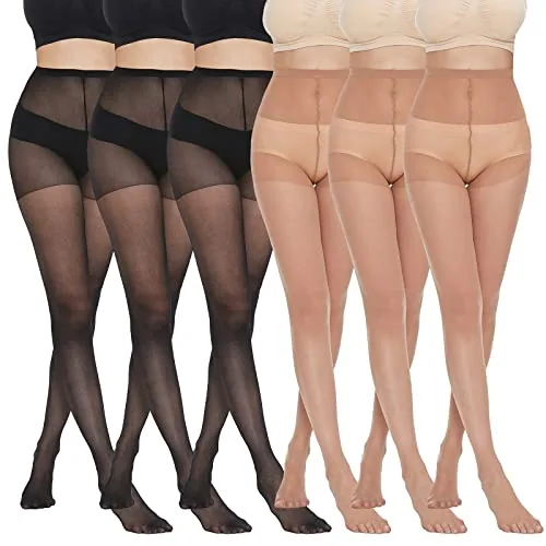 20D High-Waist Sheer Pantyhose, 6 Pairs, Black, Natural