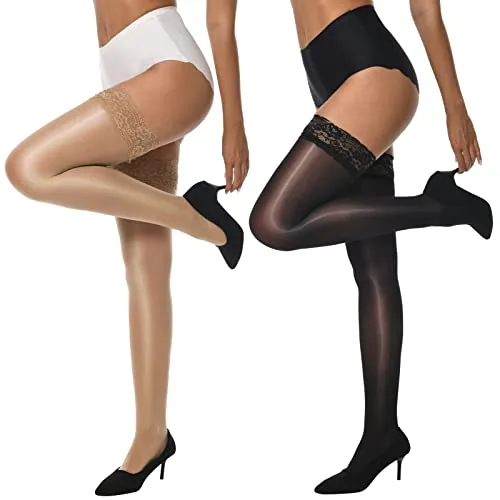 Lace-Top Thigh Highs, 2 Pairs, Natural, Black