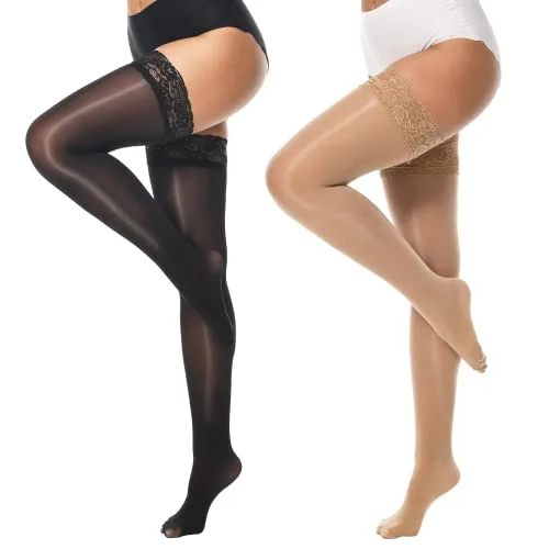 Ultra-Sheer Control-Top Lace-Top Thigh Highs, 2 Pairs, Black And Natural
