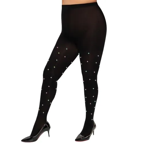 Plus-Size High-Waist Rhinestone Tights, Black