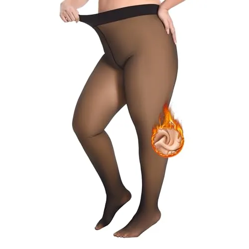 Plus-Size High-Waist Fleece-Lined Tights, Black
