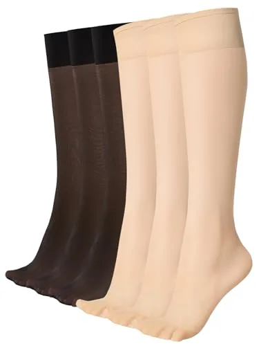 15D Knee Highs, 6 Pairs, Black + Nude