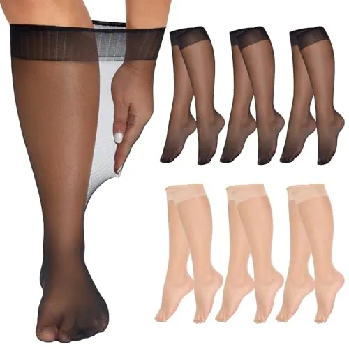 Plus-Size 15D Knee Highs, 6 Pairs, Black / Natural