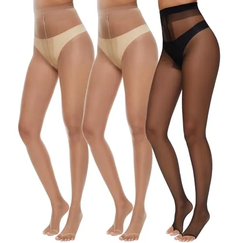 10D Control-Top Toeless Pantyhose, 3 Pairs, 2 Natural + 1 Black