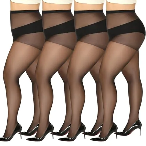 Plus-Size Ultra-Sheer Sheer Pantyhose, 4 Pairs, Black