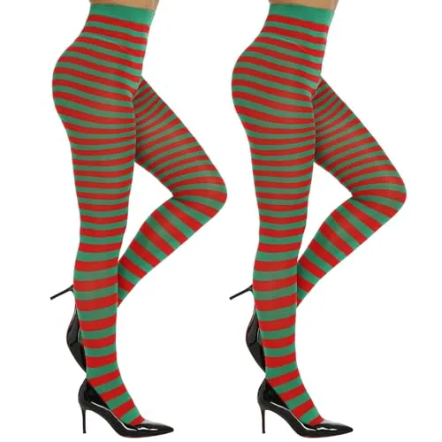 Control-Top Striped Tights, 2 Pairs, Red + Green