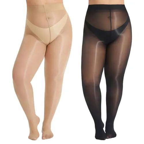Plus-Size 15D Shimmer Tights, Black + Natural