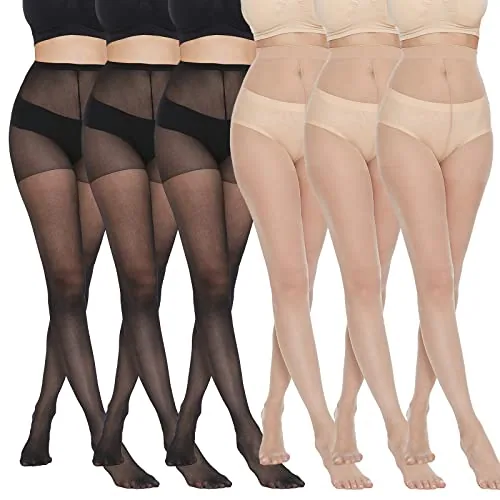 20D High-Waist Sheer Pantyhose, 6 Pairs, Black, Nude