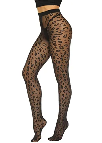 20D Patterned Tights, Black - Leopard