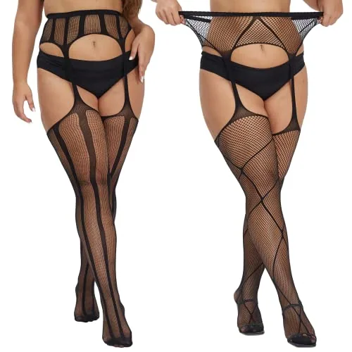 Plus-Size Fishnet Thigh Highs, Patternf-stripe