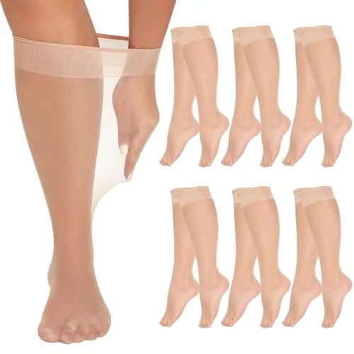 Plus-Size 15D Knee Highs, 6 Pairs, Natural